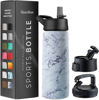 Picture of FineDine Triple Walled, Insulated Water Bottles with Straw - 25 Oz Stainless Steel Metal Bottle W/ 3 Leak Proof Lids - For Travel, School, Sports, Gym/Men, Women & Kids - Fresh White Marble