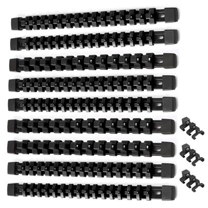 Picture of ALOANES 9 PC ABS Socket Organizer, 1/2 inch, 3/8 inch and 1/4 inch Drive Socket Rail Holders, Heavy Duty Socket Racks, Black Rails with Black Clips