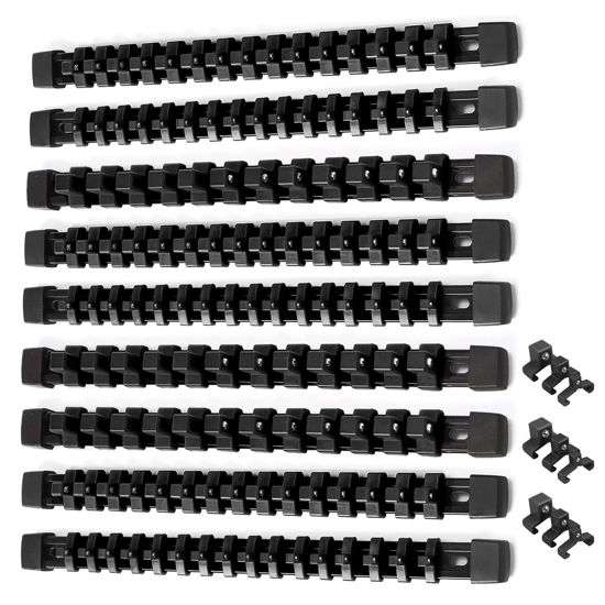 Picture of ALOANES 9 PC ABS Socket Organizer, 1/2 inch, 3/8 inch and 1/4 inch Drive Socket Rail Holders, Heavy Duty Socket Racks, Black Rails with Black Clips
