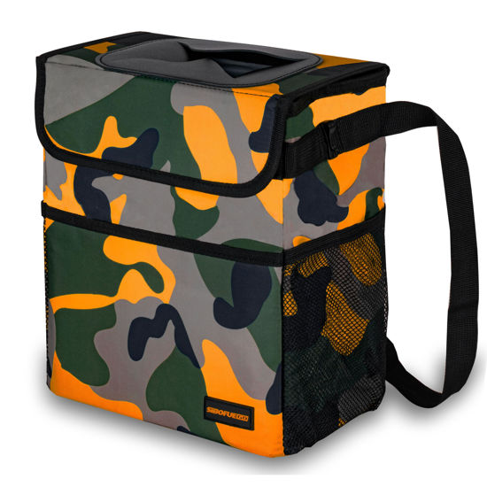 Picture of SIBOFUEGO Cute Car Trash Can with Lid - Leak Proof Car Trash Bag Hanging Waterproof Car Garbage Can with Storage Pockets Multipurpose Collapsible Car Organizer, 2 Gallons (Camo Orange)