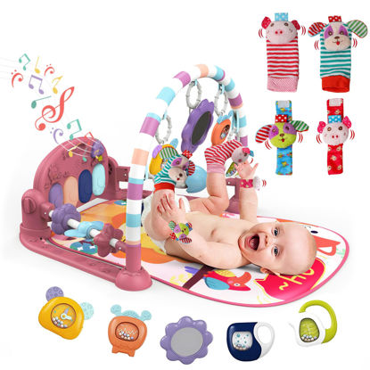 Picture of dearlomum Baby Play Mat Baby Gym,Funny Play Piano Tummy Time Baby Activity Mat with 5 Infant Sensory Baby Toys & 4 Wrist Baby Rattle Socks, Boy & Girl Gifts for Newborn 0 to 3 6 9 12 Months(Pink)
