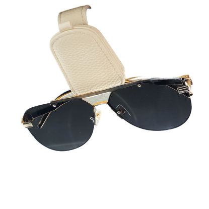 Picture of SINGARO Sunglasses Holder for Car, Leather Magnetic Buckle Sun Visor Sunglass Clip, Ticket Card Storage Glasses Clip, Car Interior Accessories for Men and Women（Beige）