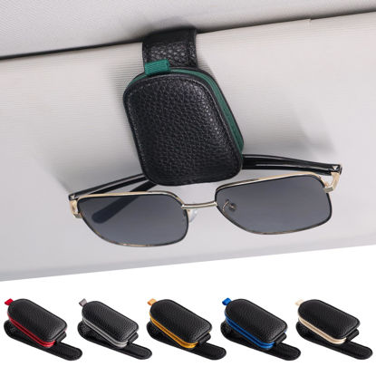 Picture of SINGARO Sunglasses Holder for Car, Leather Magnetic Buckle Sun Visor Sunglass Clip, Ticket Card Storage Glasses Clip, Car Interior Accessories for Men and Women（2PCS Black-Green）