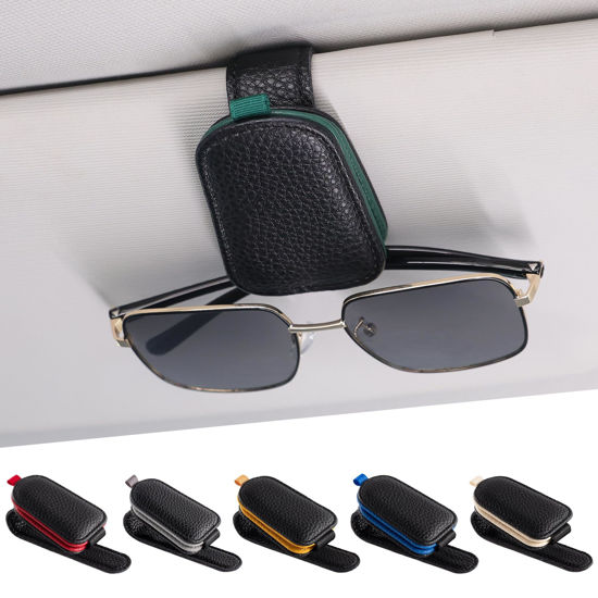 Picture of SINGARO Sunglasses Holder for Car, Leather Magnetic Buckle Sun Visor Sunglass Clip, Ticket Card Storage Glasses Clip, Car Interior Accessories for Men and Women（2PCS Black-Green）