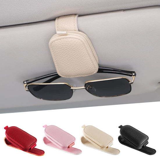 Picture of SINGARO Sunglasses Holder for Car, Leather Magnetic Buckle Sun Visor Sunglass Clip, Ticket Card Storage Glasses Clip, Car Interior Accessories for Men and Women（2PCS Beige）