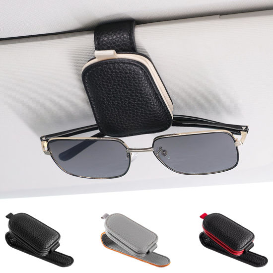 Picture of SINGARO Sunglasses Holder for Car, Leather Magnetic Buckle Sun Visor Sunglass Clip, Ticket Card Storage Glasses Clip, Car Interior Accessories for Men and Women（2PCS Black-Beige）