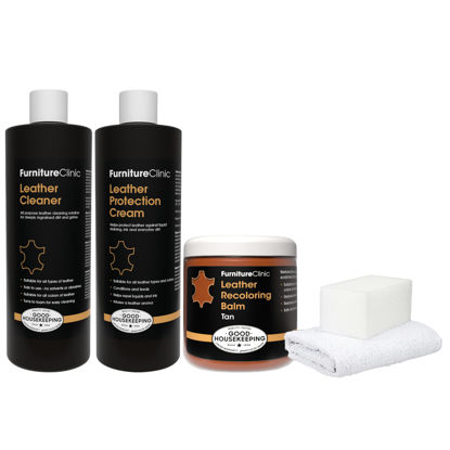 Picture of Furniture Clinic Leather Complete Restoration Kit | with Leather Recoloring Balm, Cleaner, 2-in-1 Protection Cream & Conditioner, Sponge, and Cloth | Repair Kit for Furniture (Tan)