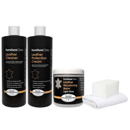 Picture of Furniture Clinic Leather Complete Restoration Kit | with Leather Recoloring Balm, Cleaner, 2-in-1 Protection Cream & Conditioner, Sponge, and Cloth | Repair Kit for Furniture (Light Grey)