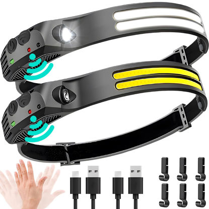 Picture of Beccason LED Headlamp Rechargeable 2PCS - 230° COB Super Bright Head Lights for Forehead, Hard hat Light for Adults, USB C Headband Flashlight for Work, Hiking, Running, Camping Essentials Gear