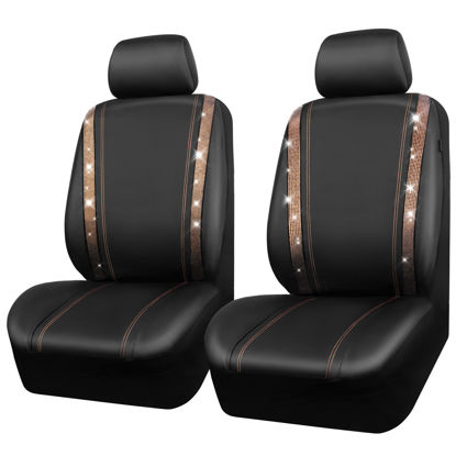 Picture of CAR PASS Leather Diamond Bling Car Seat Covers 2 Front Interior Sets, Waterproof Universal Shining Glitter Crystal Sparkle Fit for 95% Automotive Truck SUV Cute Women Girl, Black Gold Rhinestone