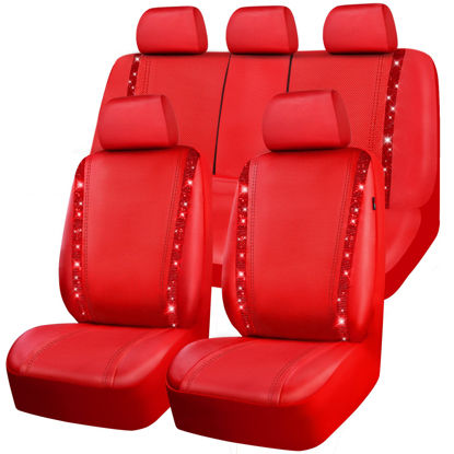 Picture of CAR PASS Bling Car Seat Covers Full Set, Shining Rhinestone Diamond Waterproof Faux Leather, Rear with Zipper, Universal Fit Automotive Glitter Crystal Sparkle Strips for Cute Women Girl, Red