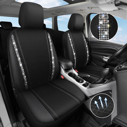 Picture of CAR PASS Mesh Bling Diamond Car Seat Cover 2 Front Interior Sets Lined Sponge, Breathable Universal Shining Glitter Sparkly Crystal Fit Armrest Automotive Truck SUV Cute Women Girl, Silver Rhinestone