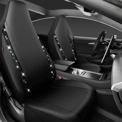 Picture of CAR PASS Leather Car Seat Covers High Back Bucket Bling Diamond Front Seats, Waterproof Universal Shining Glitter Crystal Sparkle Fit Model 3 Tesla Model Y, Truck SUV Cute Women Girl, Black Rhinestone