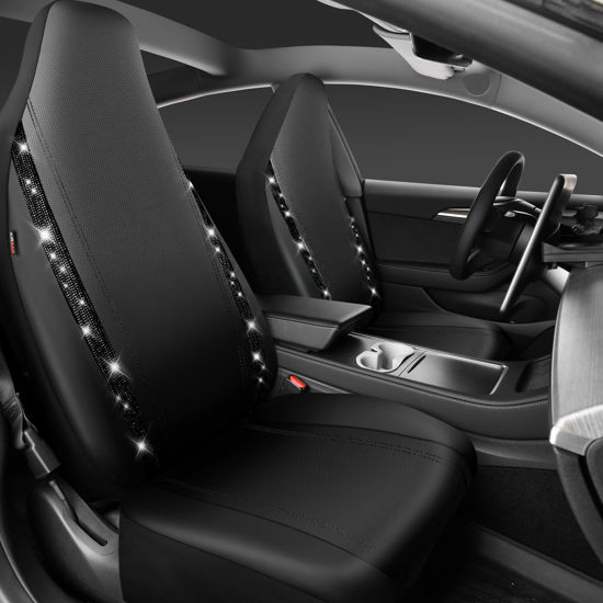 Picture of CAR PASS Leather Car Seat Covers High Back Bucket Bling Diamond Front Seats, Waterproof Universal Shining Glitter Crystal Sparkle Fit Model 3 Tesla Model Y, Truck SUV Cute Women Girl, Black Rhinestone