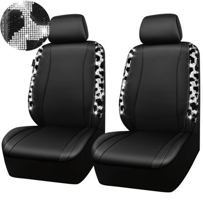 Picture of CAR PASS Cow Diamond Leather Bling Car Seat Covers Universal, Faux Shining Rhinestones Two Front only, Fit 95% Automotive Glitter Crystal Sparkle Strips for Cute Women Girl, 2PCS Cow Silver Diamond
