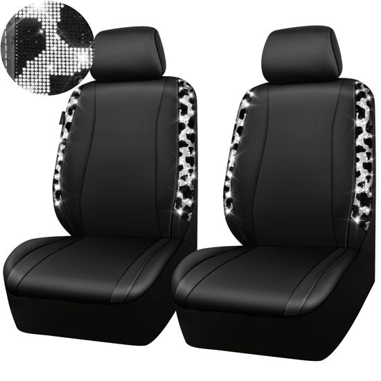 Picture of CAR PASS Cow Diamond Leather Bling Car Seat Covers Universal, Faux Shining Rhinestones Two Front only, Fit 95% Automotive Glitter Crystal Sparkle Strips for Cute Women Girl, 2PCS Cow Silver Diamond