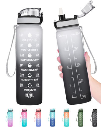 Picture of Enerbone 32 oz Water Bottle, Leakproof BPA & Toxic Free, Motivational Water Bottle with Times to Drink and Straw, Fitness Sports Water Bottle with Strap for Office, Gym, Outdoor Sports, Gray-Black
