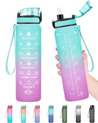 Picture of Enerbone 32 oz Water Bottle, Leakproof BPA & Toxic Free, Motivational Water Bottle with Times to Drink and Straw, Fitness Sports Water Bottle with Strap for Office, Gym, Outdoor Sports, Green-Purple