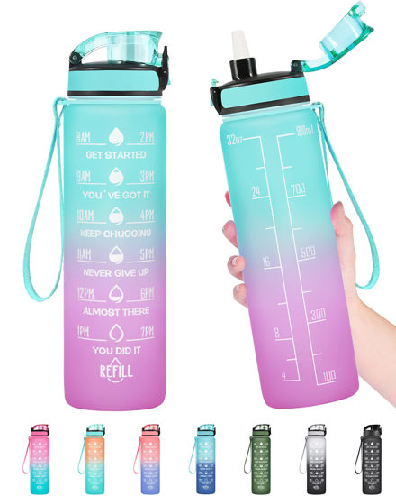 Picture of Enerbone 32 oz Water Bottle, Leakproof BPA & Toxic Free, Motivational Water Bottle with Times to Drink and Straw, Fitness Sports Water Bottle with Strap for Office, Gym, Outdoor Sports, Green-Purple