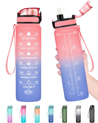 Picture of Enerbone 32 oz Water Bottle, Leakproof BPA & Toxic Free, Motivational Water Bottle with Times to Drink and Straw, Fitness Sports Water Bottle with Strap for Office, Gym, Outdoor Sports, Pink-Blue