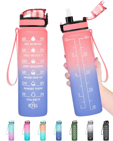 Picture of Enerbone 32 oz Water Bottle, Leakproof BPA & Toxic Free, Motivational Water Bottle with Times to Drink and Straw, Fitness Sports Water Bottle with Strap for Office, Gym, Outdoor Sports, Pink-Blue