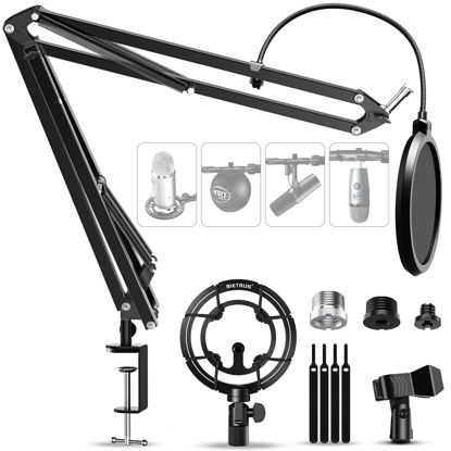 Picture of Bietrun Microphone Arm Desk Mount with Shock Mount＆Pop Filter for Blue Yeti/Snowball/Hyperx Quadcast/Shure MV7/SM7B/RODE, Metal 360°Adjustable Boom Arm Stand with Mic Clip for Shure SM58/Samson Q2U