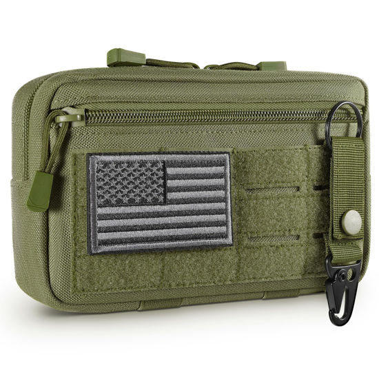 Picture of FRTKK Tactical Molle Admin Pouch Utility Laser Cut EDC Tool Pouch Bag Horizontal Modular Pouches Include US Flag Patch and Keychain (Army Green)