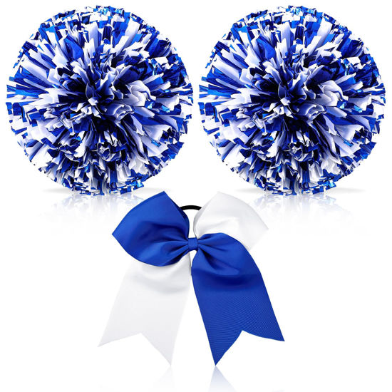 Picture of Hanaive Cheerleading Pom Poms and Large Cheerleader Hair Bow 12 Inch Large Metallic Cheer Cheerleader Pom Poms for Sports Team Spirit Cheering(Blue and White Mixed,Glitter and Matte)