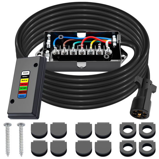 Picture of CheeMuii 15 FT Trailer Wiring Harness Kit Heavy Duty 7 Way Trailer Cord with 7 Pin Trailer Plug and Junction Box Kit Premium Light and Brake Wiring Wires for Trailer RV