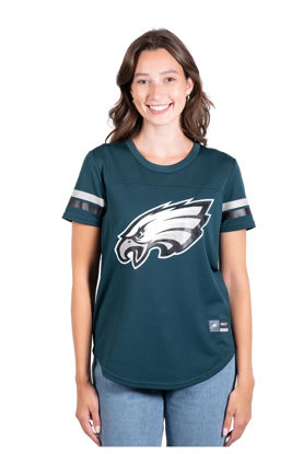 Picture of Ultra Game NFL Philadelphia Eagles Womenss Soft Mesh Jersey Varsity Stripe Jock Tag Crew Neck Tee Shirt Top, Team Color, Large