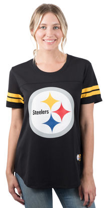 Picture of Ultra Game NFL Pittsburgh Steelers Womenss Soft Mesh Jersey Varsity Stripe Jock Tag Crew Neck Tee Shirt Top, Team Color, Large