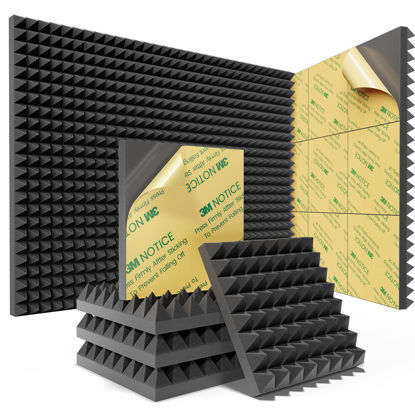 Picture of Sonicism 12 Pack Pyramid Sound Proof Foam Panels with Self-Adhesive, 12" X 12" X 2" Acoustic Foam Panels of High Density, Soundproof Wall Panels Fast Expand, Sound Absorption and Decoration (Black)