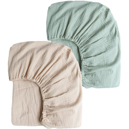 Picture of Konssy Muslin Crib Sheets for Girl Boy, 2 PCS Soft and Breathable Cotton Baby Sheets for Standard Crib Mattress, 52"x 28" (Green, Cream)