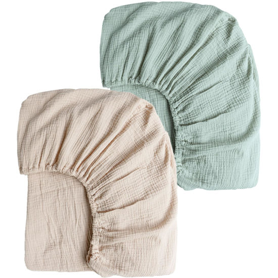 Picture of Konssy Muslin Crib Sheets for Girl Boy, 2 PCS Soft and Breathable Cotton Baby Sheets for Standard Crib Mattress, 52"x 28" (Green, Cream)