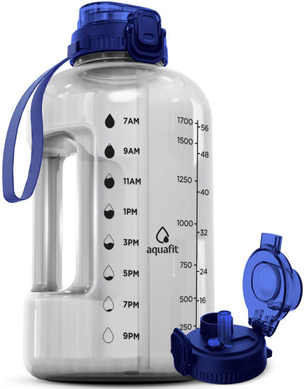 Picture of AQUAFIT 64 oz Water Bottle with Time Marker - Straw & Chug Lid - BPA Free Big Water Bottle with Straw - Gym Water Bottle with Handle - Gallon Water Jug (64 Ounces, Clarity)