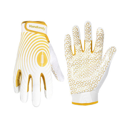 Picture of HANDLANDY Youth Football Gloves, Sticky Wide Receiver Gloves for Kids & Adult, White and Gold Stretch Fit Football Gloves (X-Small)
