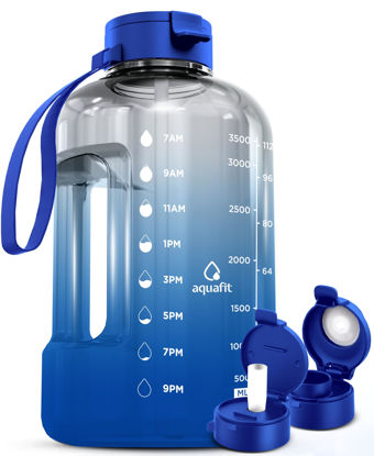 Picture of AQUAFIT 1 Gallon Water Bottle with Time Marker - Straw & Chug Lid - BPA Free Big Water Bottle with Straw - Gym Water Bottle with Handle - Gallon Water Jug (128 Ounces, Blue Skies)
