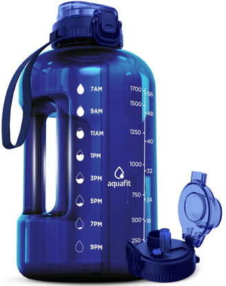 Picture of AQUAFIT 64 oz Water Bottle with Time Marker - Straw & Chug Lid - BPA Free Big Water Bottle with Straw - Gym Water Bottle with Handle - Gallon Water Jug (64 Ounces, Blue)