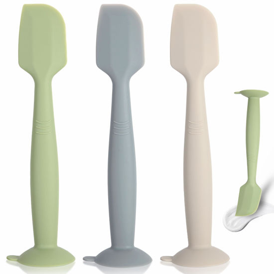 Picture of MAIKKB Baby Diaper Cream Spatula 3 Pack Diaper Spatula Soft Silicone Diaper Cream Applicator Baby Butt Paste Spatula Brush with Suction Base,Full Size(Gray+Off-white+Green)