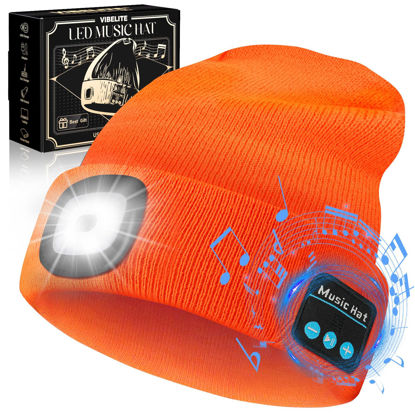 Picture of VIBELITE Bluetooth Beanie Hat with Light, USB Rechargeable LED Headlamp with Wireless Headphones, Gifts for Christmas, Stocking Stuffers for Adult Men Him Husband Boyfriend Dad Father, Orange