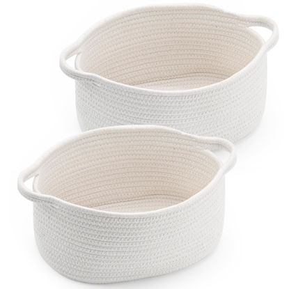 Picture of Woven Storage Basket with Handles, Cotton Nursery Container Organizer Holder for Toys Book Baby Diapers Pet Shelf Closet Organization Decor