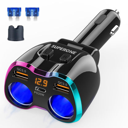 Picture of [2023 Upgraded] Cigarette Lighter Splitter, SUPERONE 180W 2-Socket Cigarette Lighter Adapter with Dual QC3.0 and 20W PD USB C Car Charger Splitter for GPS/Dash Cam/Laptop/iPad/iPhone 14/13/12/11