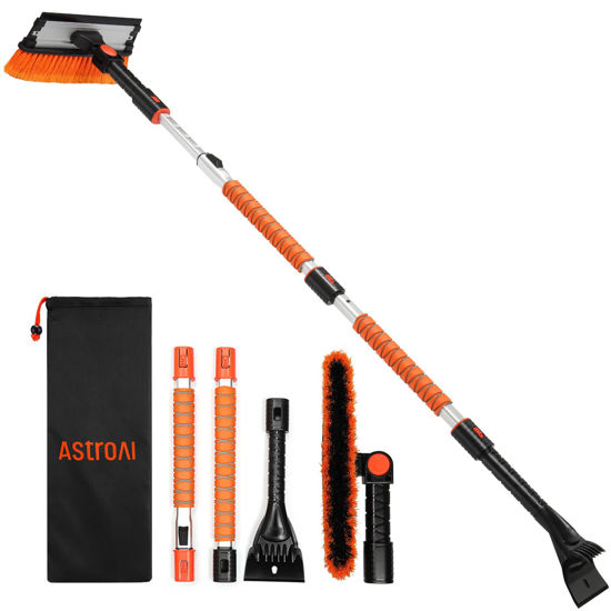 Picture of AstroAI 62.4" Ice Scrapers for Car Windshield, 3 in 1 Sturdy Snow Brush with Squeegee, 10 Adjustable Length Settings, Extendable Aluminum Handle, 180° Pivoting Snow Brush for Car, Truck, SUV(Orange)