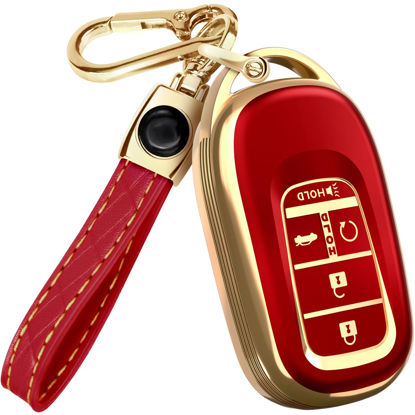 Picture of Lucrum for 2025 Honda Pilot Key Fob Cover and Leather Keychain - for Accord, Civic, CR-V, HR-V - 2022-2025 Full Cover Key Case - TPU Keyfob Cover Compatible with KR5TP-4 - Red and Gold