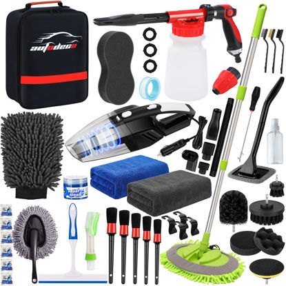 Picture of AUTODECO 43Pcs Car Wash Detailing Kit Cleaning Kits with Foam Gun Sprayer Long Handle Mop Car Vacuum Drill Brush Large Wash Mitt Towels Complete Interior Exterior Car Washing Supply Set Blue