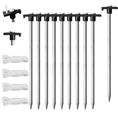 Picture of Eurmax USA Galvanized Non-Rust Camping Family Tent Pop Up Tent Stakes Ice Tools Heavy Duty 10pc-Pack, with 4x10ft Ropes & 1 Stopper(Black)