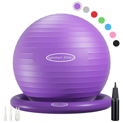 Picture of Signature Fitness Balance Ball with Base Kit, 65cm 26-inch Yoga Ball Chair, Exercise Ball with Inflatable Ring Base for Home or Office Desk, Includes Air Pump, Purple