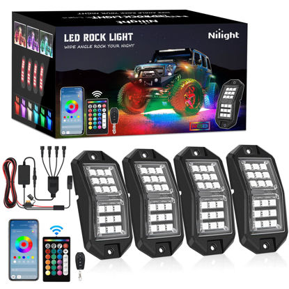 Picture of Nilight RGB LED Rock Lights Kit 4 PCS 18LED Wide Angle Wheel Well Light with Remote & Bluetooth App Dual Control Multi Modes Underglow Multicolor Neon Light Pod for ATV UTV SUV Offroad Truck RZR Boat