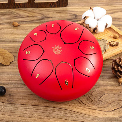 Picture of Eavnbaek Steel Tongue Drum 6 Inch 8 Note Steel Hand Drum with Bag, Music Book, Drumsticks, Mallet Holder and Finger Paddles, for Camping, Meditation or Yoga (Red)