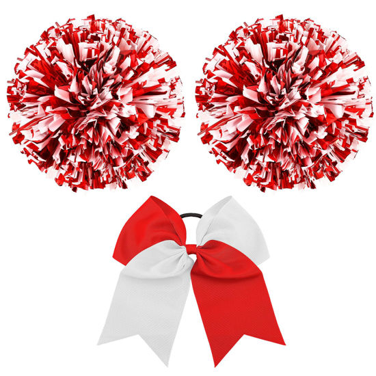 Picture of Hanaive Cheerleading Pom Poms and Large Cheerleader Hair Bow 12 Inch Large Metallic Cheer Cheerleader Pom Poms for Sports Team Spirit Cheering(Red and White Mixed,Glitter and Matte)